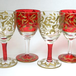 4-Pc Vintage Liqueur Sherry or Cordial Stem Glasses  Hand Painted Gold Stemware