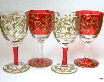 4-Pc Vintage Liqueur Sherry or Cordial Stem Glasses  Hand Painted Gold Stemware