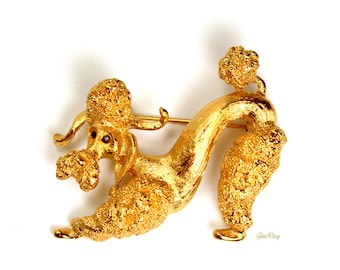 ヴィンテージ モネ プードル 犬 ブローチ ピン、ラインストーン アイ