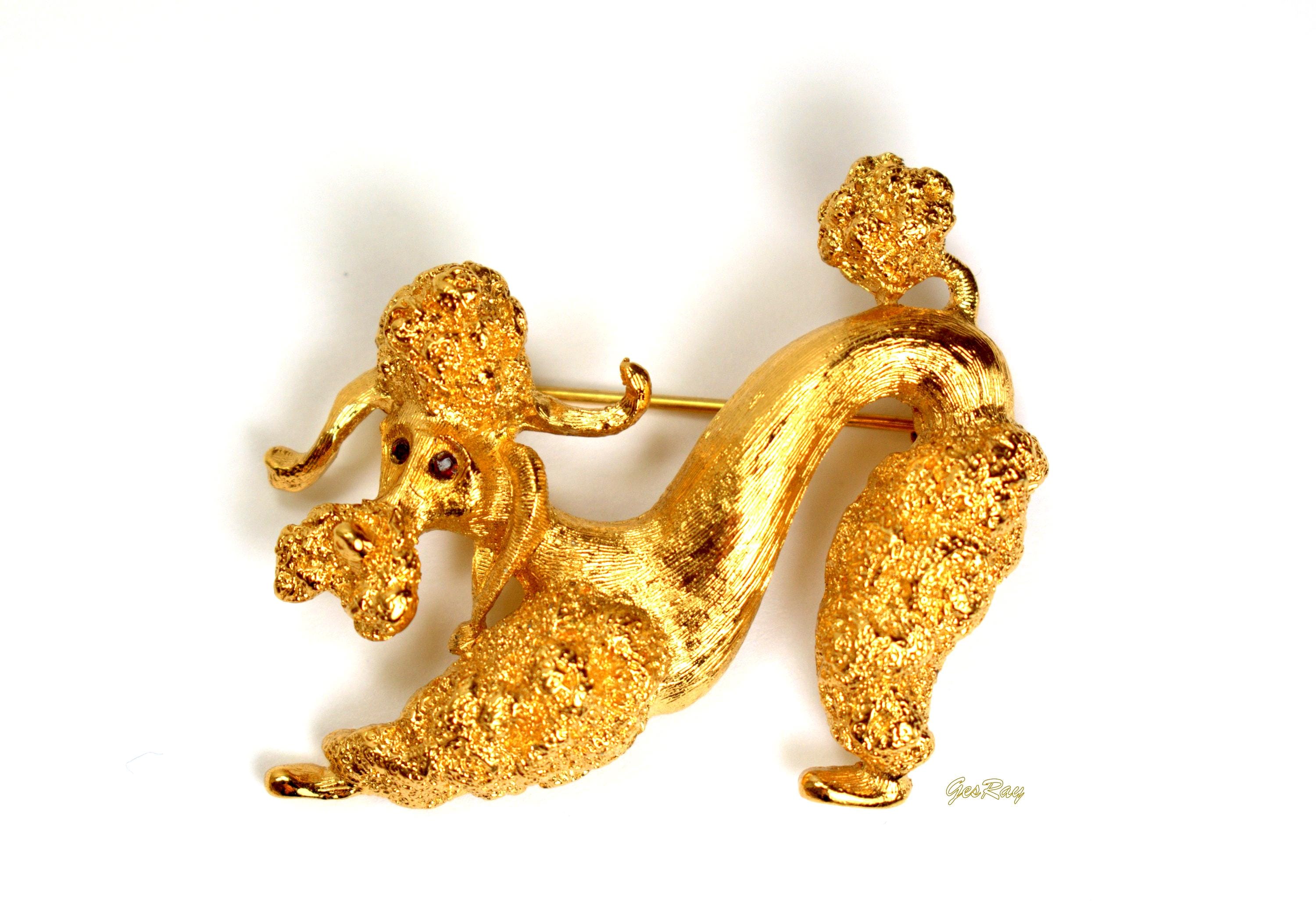 ヴィンテージ モネ プードル 犬 ブローチ ピン、ラインストーン アイ