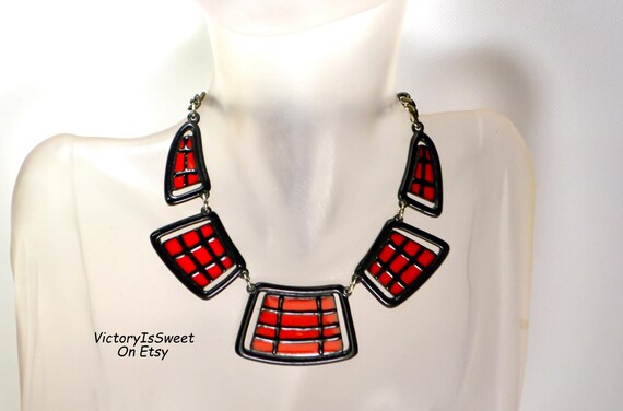 Vintage Enamel Link Necklace: Black & Red Stateme… - image 4
