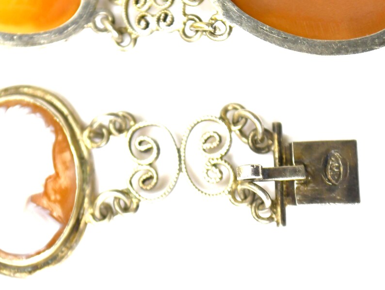 Antique Silver Cannetille Filigree Carved Shell Cameo Bracelet Necklace, Jewelry Set