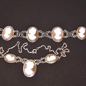 Antique Silver Cannetille Filigree Carved Shell Cameo Bracelet Necklace, Jewelry Set