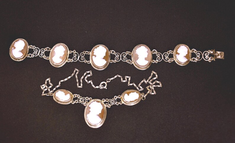 Antique Silver Cannetille Filigree Carved Shell Cameo Bracelet Necklace, Jewelry Set