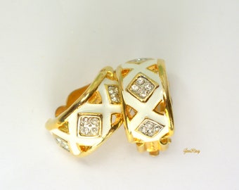 Gold Tone Small Hoop Earrings Clip On Crystal Enamel, Vintage Costume Jewelry