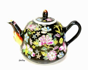 Chinese Floral Tea Pot Jingdezhen Collectible Wanhua 万花 , Millefleur Famille Noire, Famille Mille Fleurs