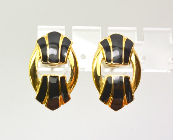 Statement Crown Trifari Earrings Black Enamel Gol… - image 6