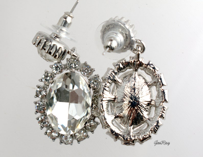 Vintage Crystal Diamante Statement Earrings Silver Tone, Large Crystal Cabochon