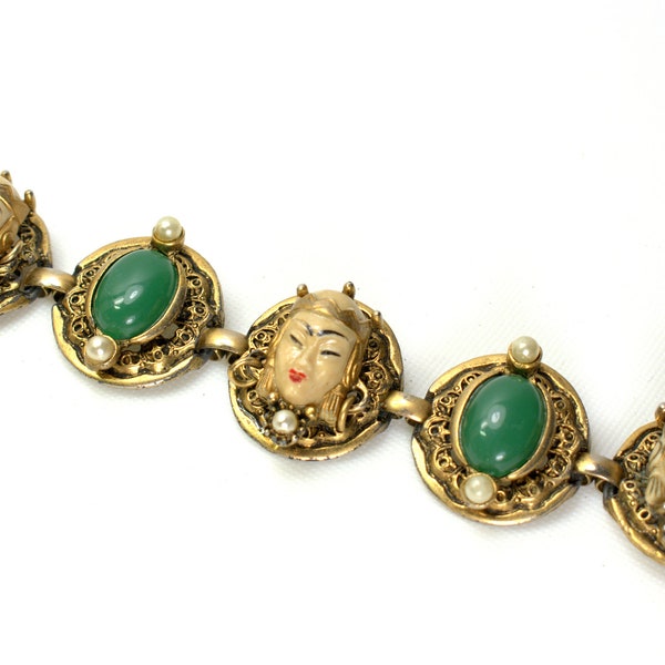 Vintage SELRO Selini Asian Thai Princess Face and Faux Pearl Cabochon Link Panel Bracelet