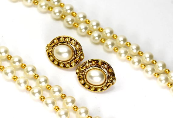 Vintage Faux Pearl Necklace & Stud Earrings Set