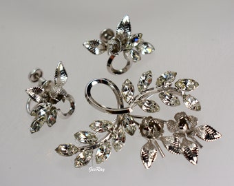 Vintage Sterling Silver Brooch and Earrings Set: Clear