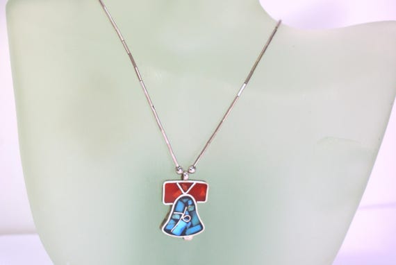 Old Southwestern Liberty Bell Necklace Vintage Turquoise Coral Inlay