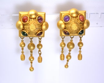 Brincos pendentes Natasha Stambouli, estilo bizantino etrusco, banhados a ouro 24K, alta costura para passarela