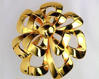 Trifari TM Brosche Pin Moderne Gold Ribbon Bow Massive Blume, rhodiniert