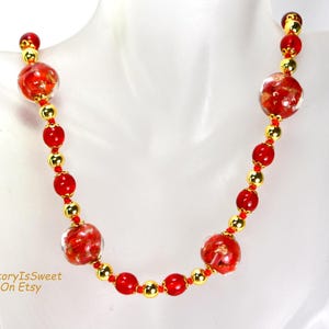 Italian Venetian Art Glass Beaded Necklace Red Swirl Gold Foil