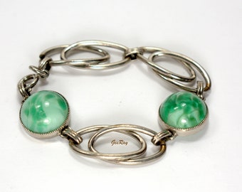 Jade Peking Glass Poured Link Vintage Bracelet Panel Silver Tone
