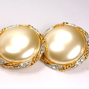 Large Button Pearls Earrings Crystal Pearl Vintage Gold Silver Tone Rope