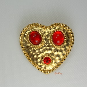 Maxine Denker Vintage Brooch Pin Hammered Gold Ruby Poured Glass Gripoix Glass