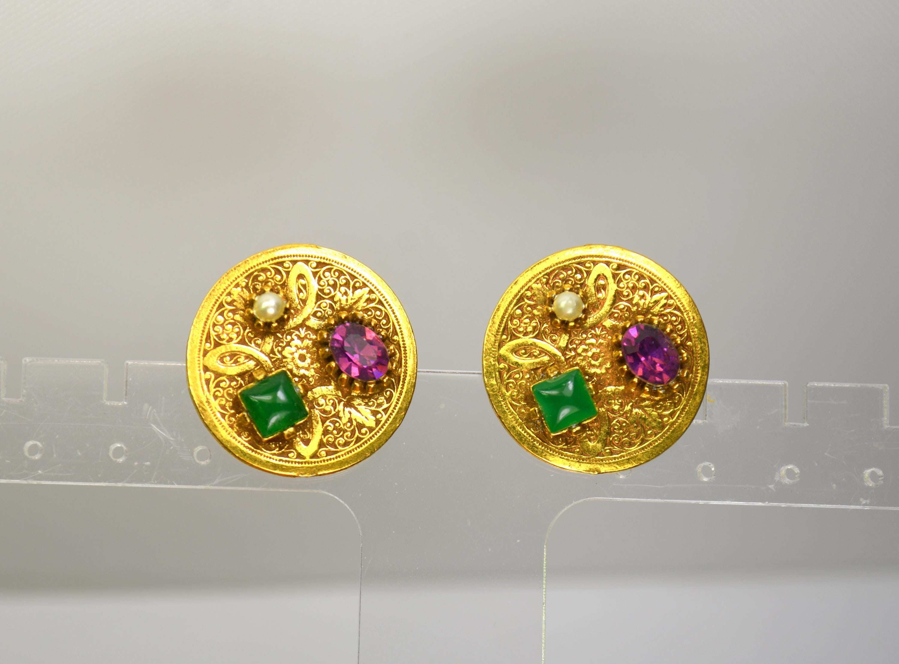 アンティーク モーグル 宝石付きカフスボタン 金メッキ マルチカラー