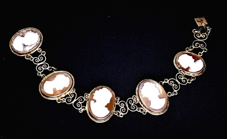 Antique Silver Cannetille Filigree Carved Shell Cameo Bracelet Necklace, Jewelry Set