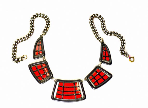 Vintage Enamel Link Necklace: Black & Red Stateme… - image 5