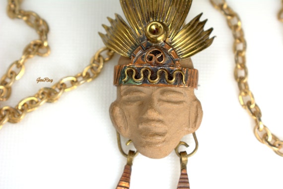 Aztec Warrior Face Brooch Pendant Mexican Vintage… - image 4