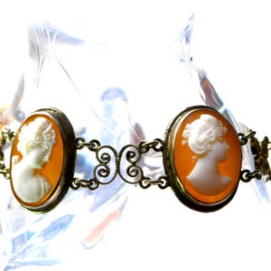 Antique Silver Cannetille Filigree Carved Shell Cameo Bracelet Necklace, Jewelry Set