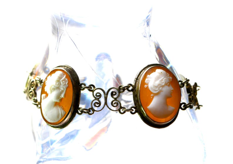 Antique Silver Cannetille Filigree Carved Shell Cameo Bracelet Necklace, Jewelry Set