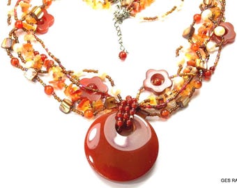 Multi-Strand Necklace Pearl and Carnelian Beaded