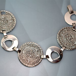 Vintage Aztec Mayan Calendar Sterling Silver Link Bracelet