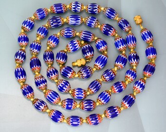 Antique Old AFRICAN TRADE Chevron Bead Necklace, Blue Red White, Old African Trade Beads