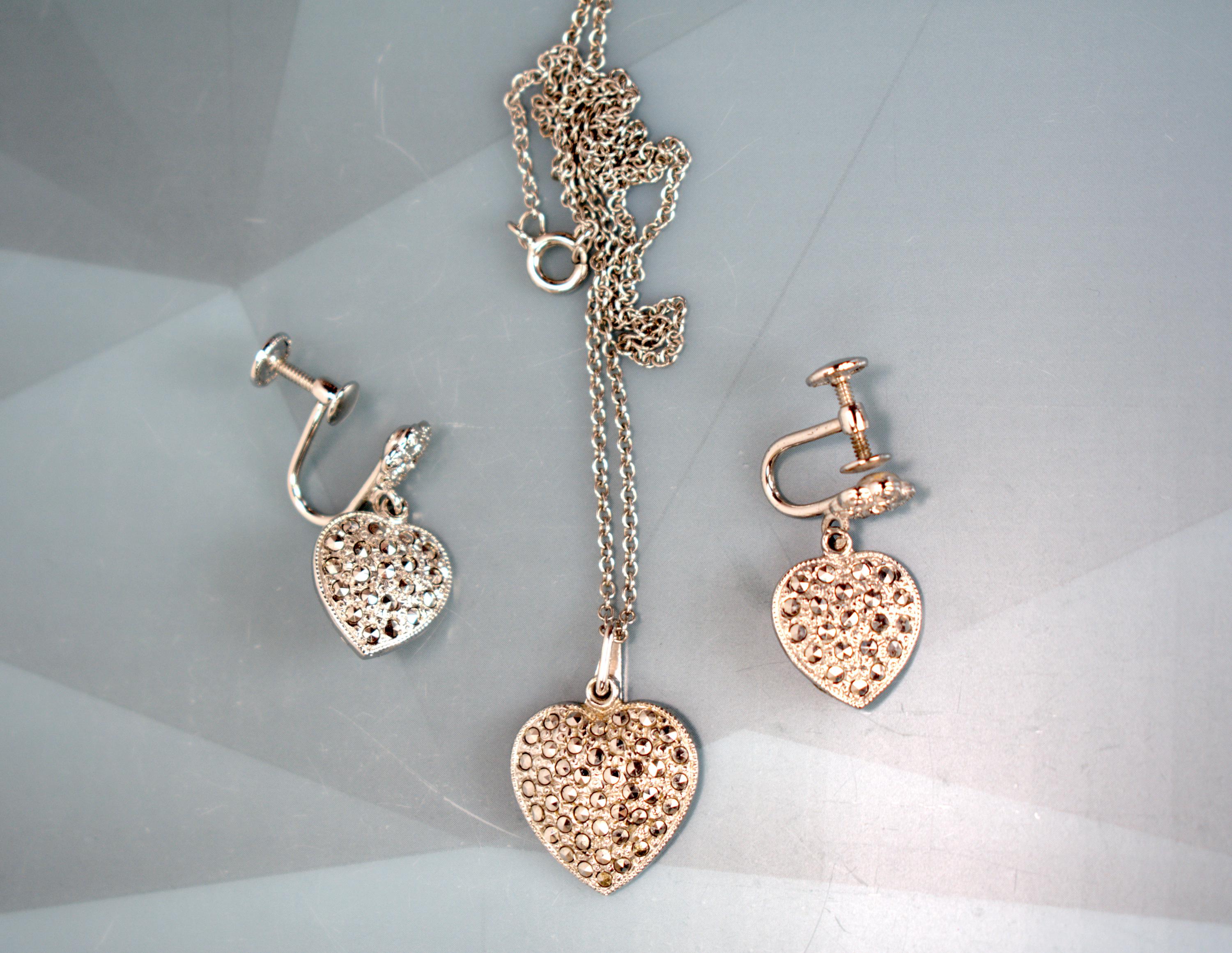 Theda Sterling Jewelry Heart Earrings & Heart Pendant