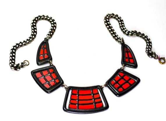 Vintage Enamel Link Necklace: Black & Red Stateme… - image 2
