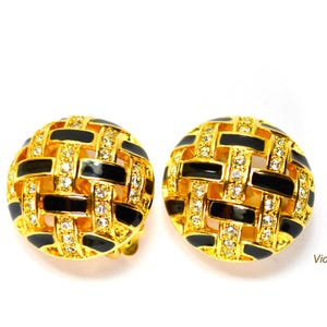 Swarovski Swan Clip On Earrings Crystal Pave Black Enamel Button Vintage Swarovski Jewelry