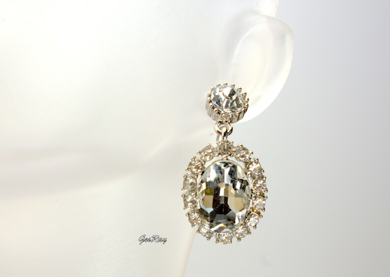 Vintage Crystal Diamante Statement Earrings Silver Tone, Large Crystal Cabochon