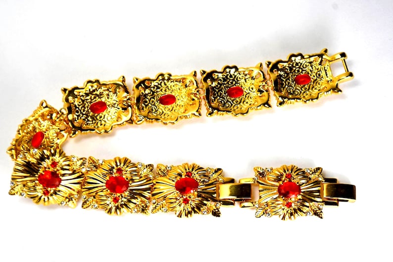 Camrose and Kross Jacqueline Kennedy Bracelet JBK Faux Ruby Crystals Gold Tone