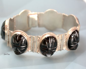 Vintage Bracelet Sterling Onyx Mayan Aztec Masks Figural Hecho En Mexico