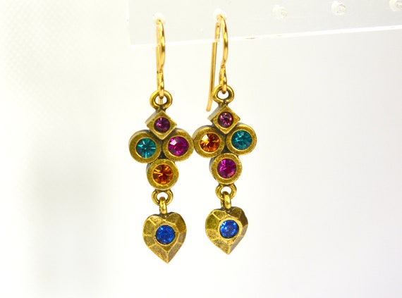 Vintage Drop Dangle Earrings Multicolor Crystal R… - image 1