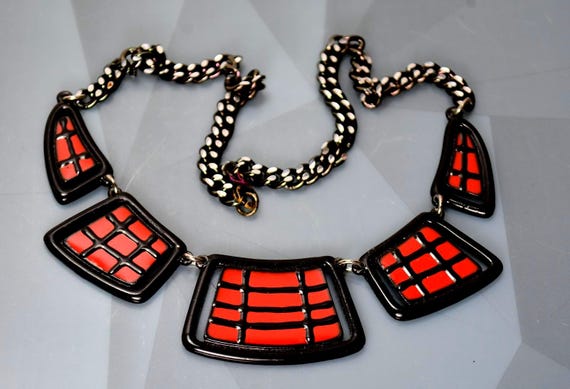 Vintage Enamel Link Necklace: Black & Red Stateme… - image 3