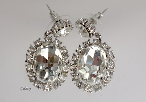 Crystal Diamante Statement Earrings Silver Tone - image 1