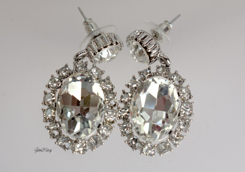 Vintage Crystal Diamante Statement Earrings Silver Tone, Large Crystal Cabochon