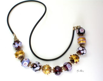 Lampwork Art Glass Bead Necklace Sterling Silver 925 Leather Cord