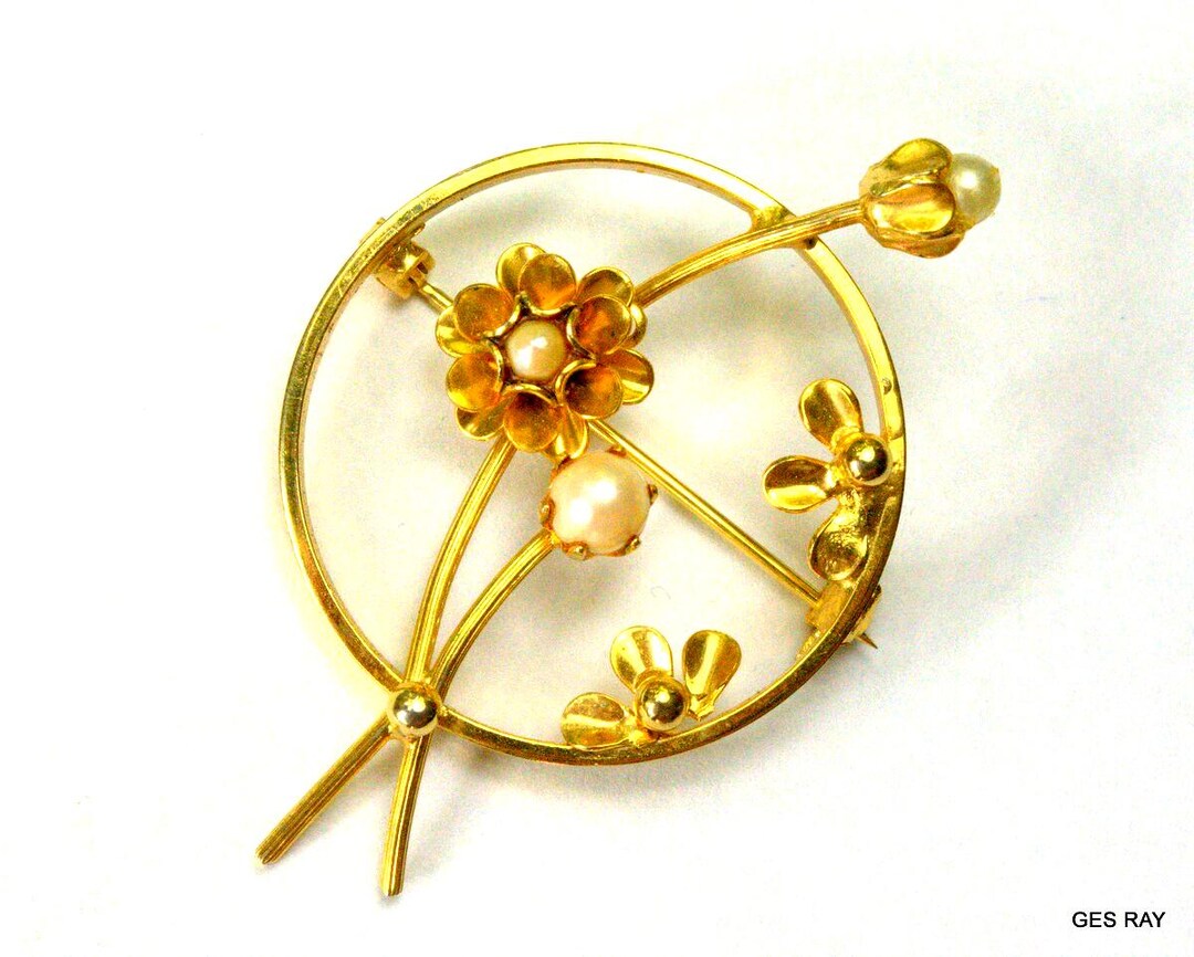 Broche Ancienne Art Nouveau Plaqué Or Feuillage Et Perle - Bijou Français Vintage Femme