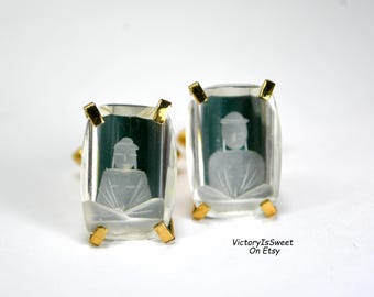 Spinki do mankietów SWANK w stylu art déco, szkło trawione Budda, rzeźbiony odwrócony kryształ intaglio