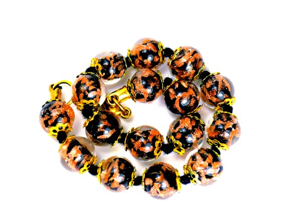 Murano Venetian Bracelet Sommerso Foil Glass Black Copper, Vintage Italian Jewelry