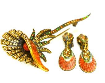 JAY STRONGWATER Vintage Jewelry Flower Brooch Pin and Earrings, Statement Designer