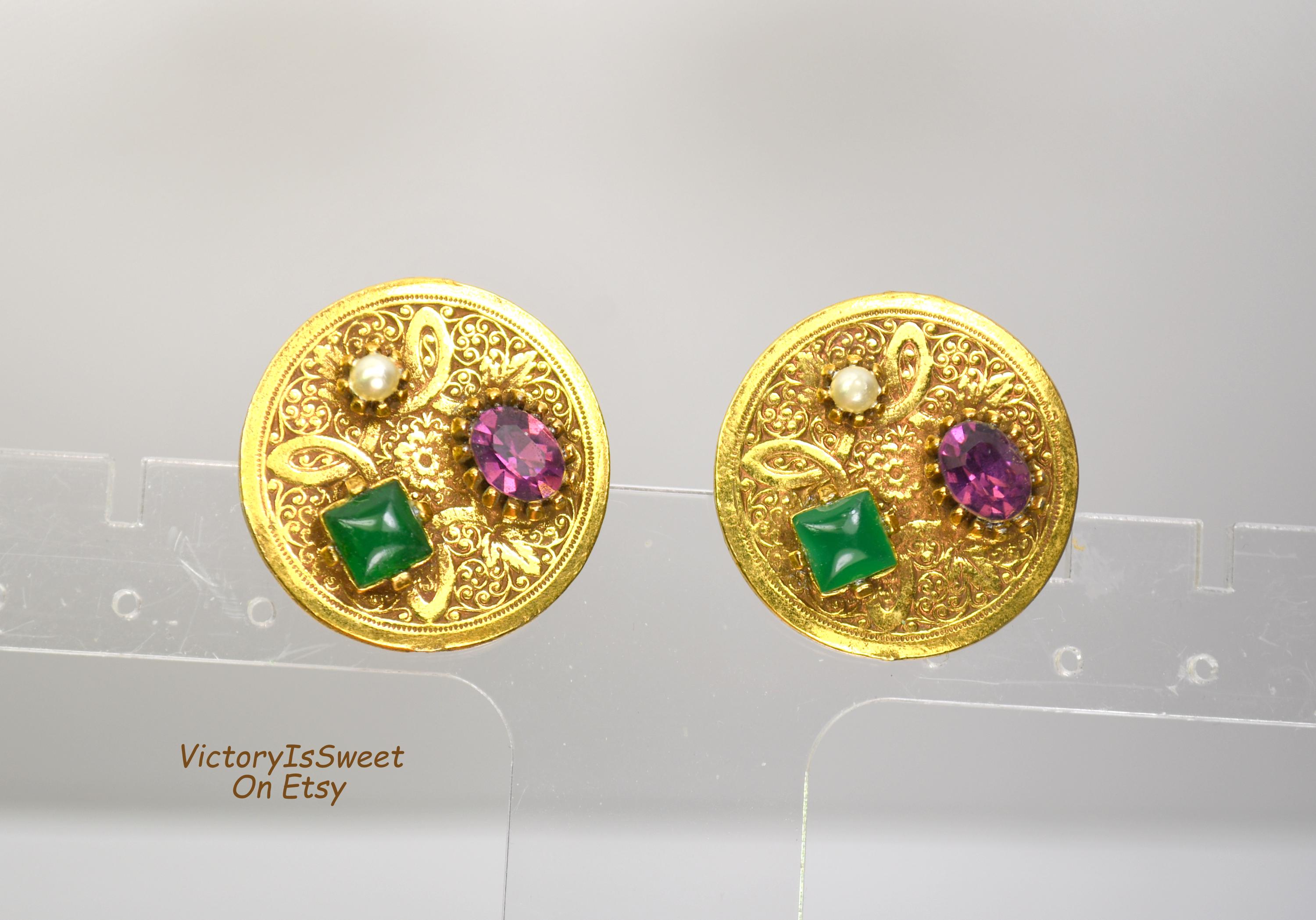 アンティーク モーグル 宝石付きカフスボタン 金メッキ マルチカラー