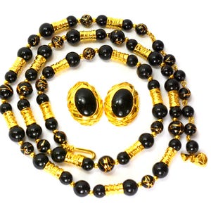 LCi Liz Claiborne Jewelry Necklace Earrings Gold Faux Onyx Beaded, Black Gold