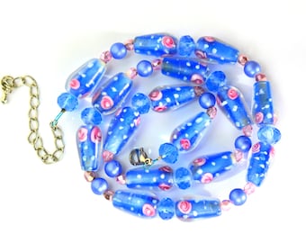 Vintage Murano Venetian Lampwork Art Glass Bead Necklace Blue Pink, Venetian Glass Jewelry Jewellery