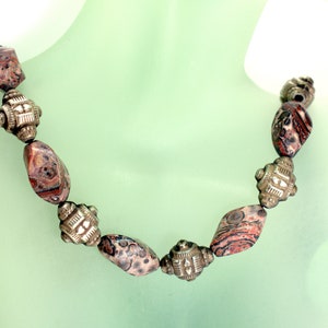 Leopard Skin Jasper Stone Beaded Necklace, Sterling Silver Semi Precious Gemstones